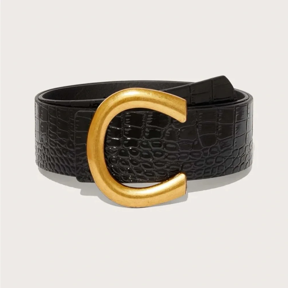 Luxe cream croc detail high waist gold buckle belt